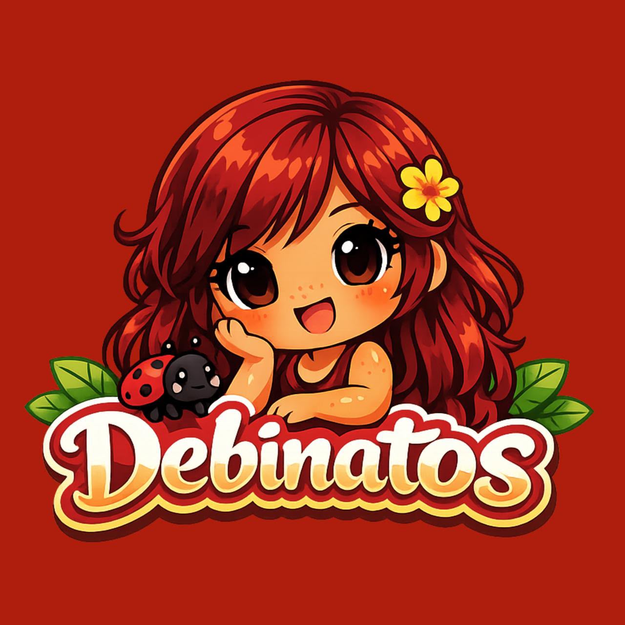 Mascote ruiva da Debinatos, acompanhada de uma joaninha e flores